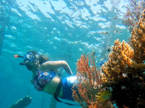 PADI AmbassaDiver Radhika Sharma scuba diving underwater near coral reef.
