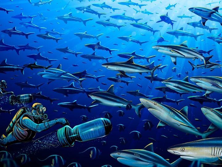 Illustration of diver in a school of sharks