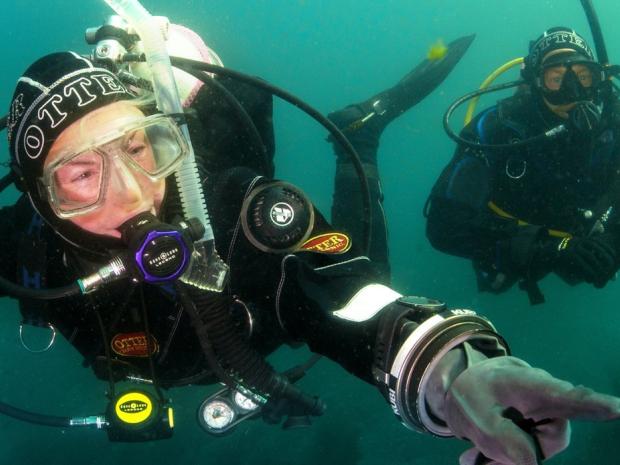 Underwater divers with dry suits