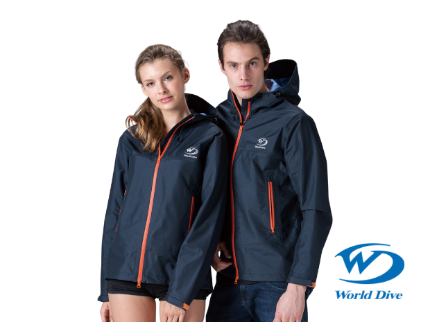 a woman and man wearing navy water proof jacket