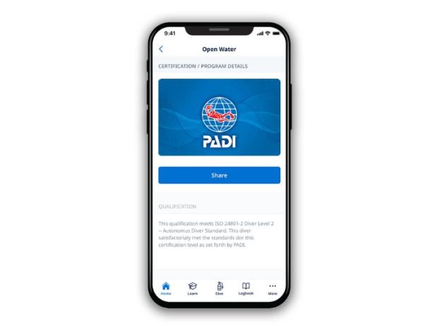 Mobile phone screen displaying the PADI Open Water certification details.