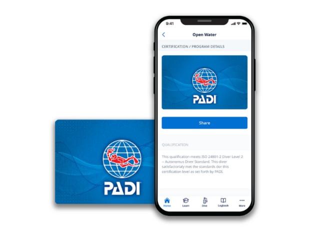 Mobile phone screen displaying the PADI Open Water certification details alongside a physical-style digital PADI card.