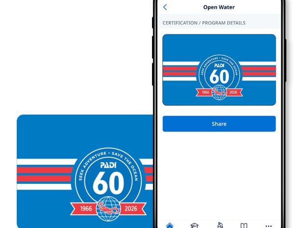 PADI 60th anniversary card design displayed on a smartphone screen next to a physical card