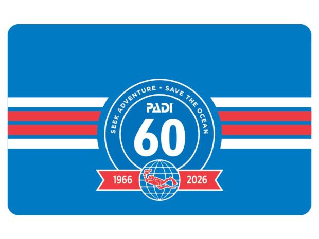 PADI 60th anniversary card featuring a blue background, retro red and white stripes