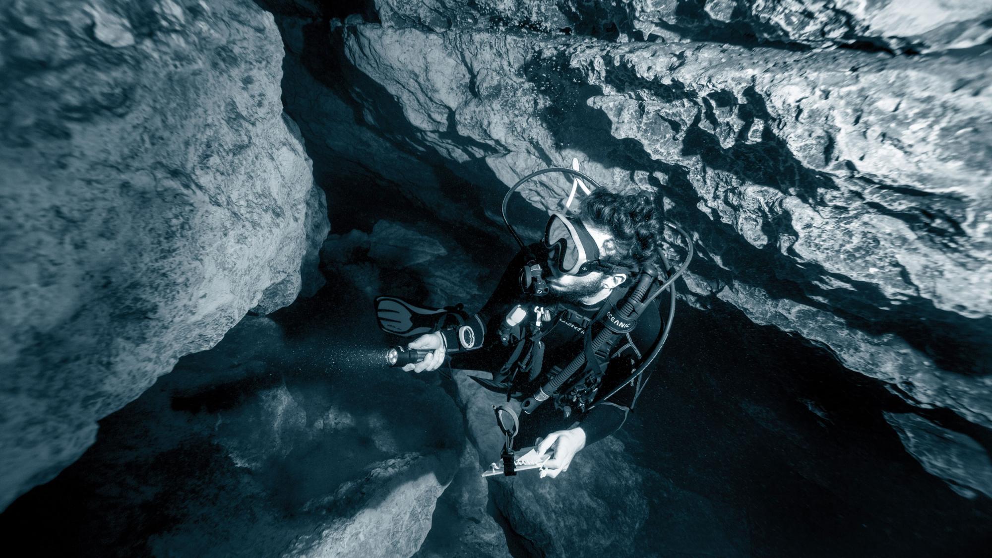 Underwater Scuba Diver Florida Cave