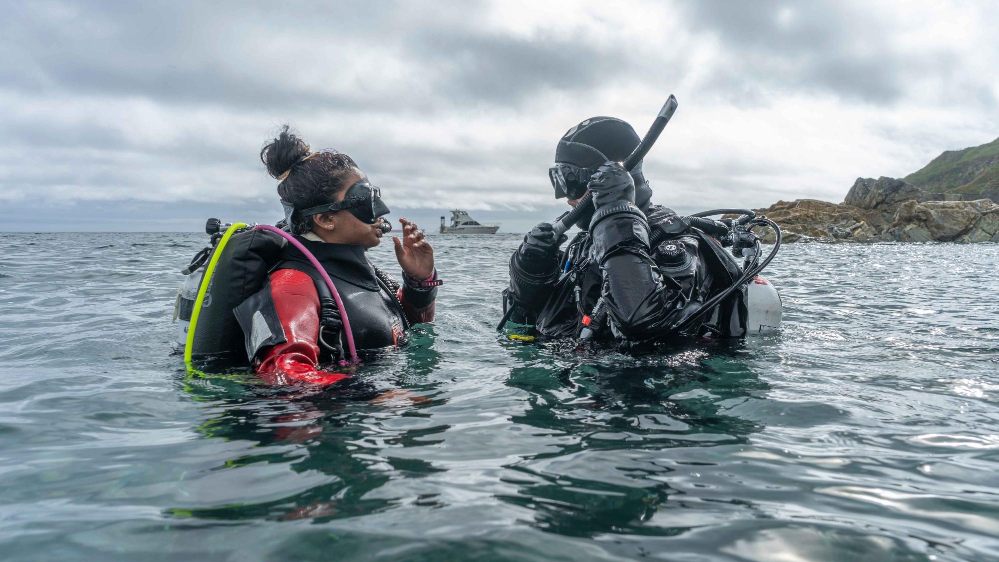 Two divers emerging from the water