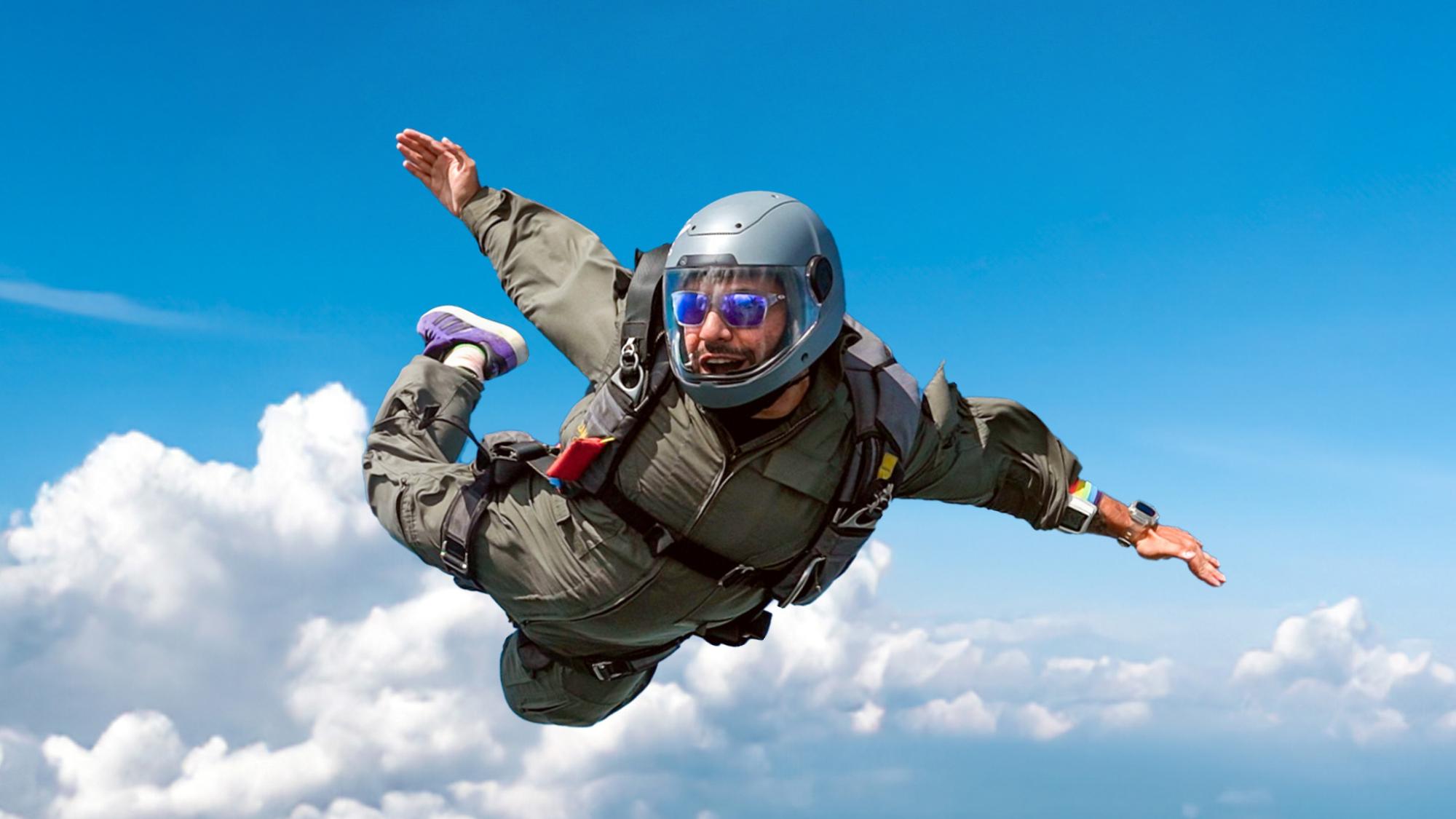 PADI AmbassaDiver Aakash Malhotra is seen skydiving.