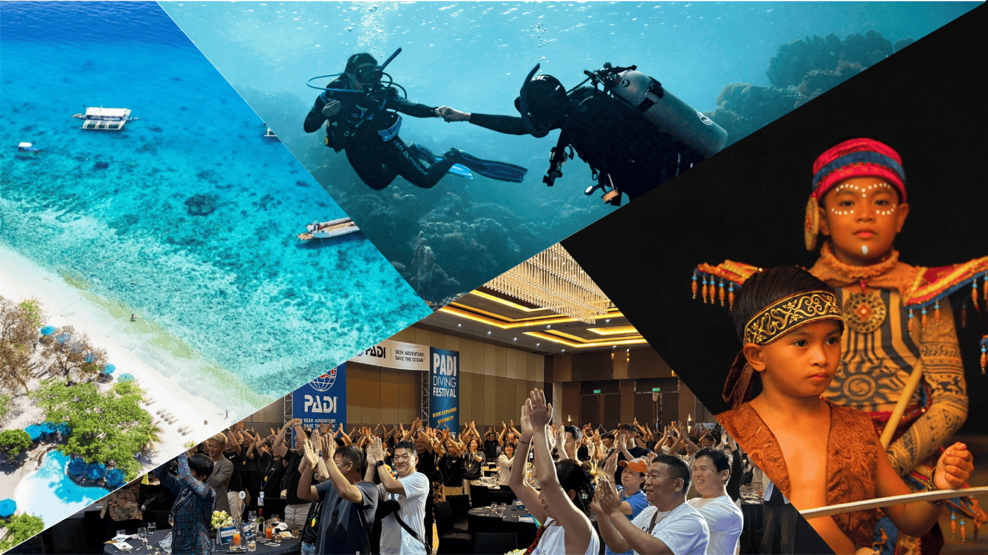 Image collage featuring scuba diving, Cebu beach, a party, and kids showcasing traditional Philippine dance