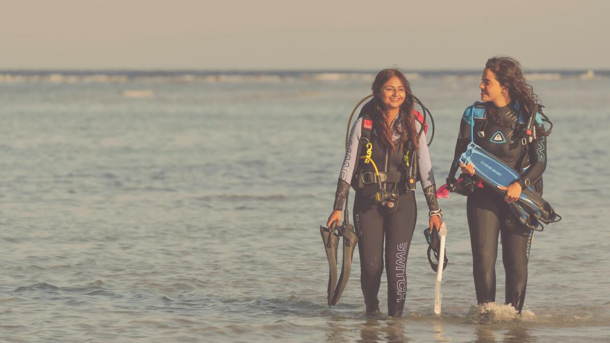 Two people walking on beach carrying scuba gear.